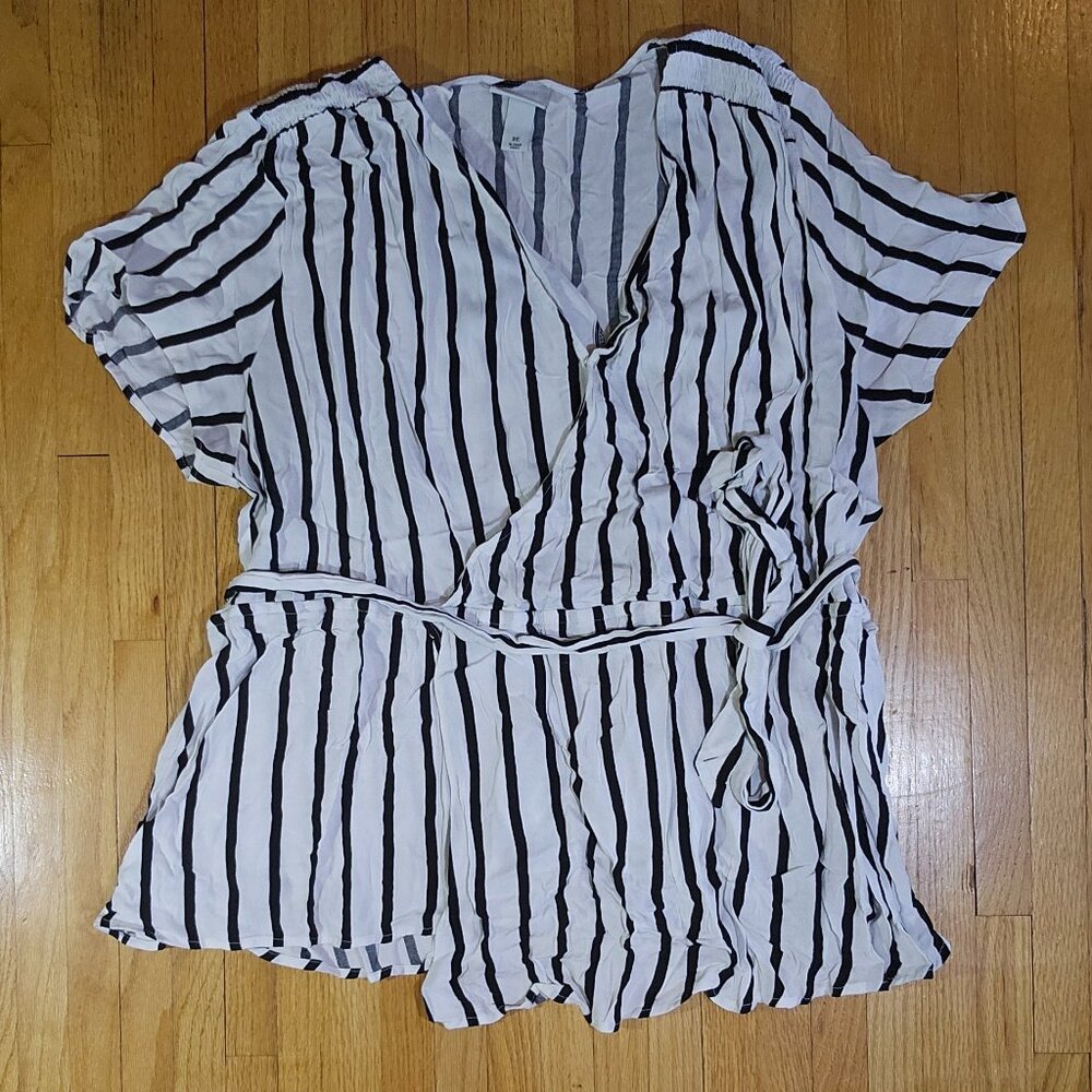 Ava & Viv Surplice Front Peplum Black and White Striped Blouse